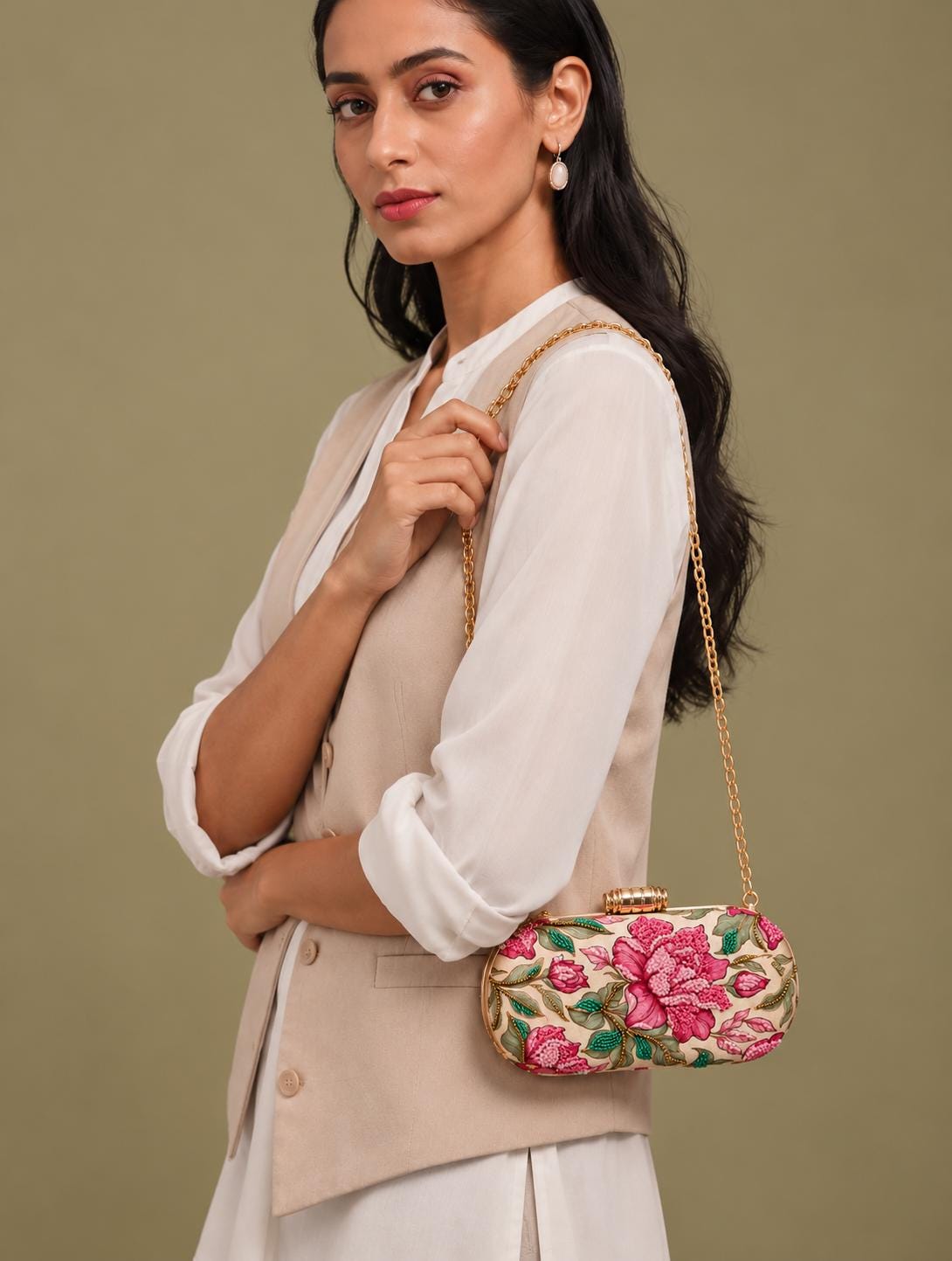 Handcrafted Off-White Floral Embroidered Clutch