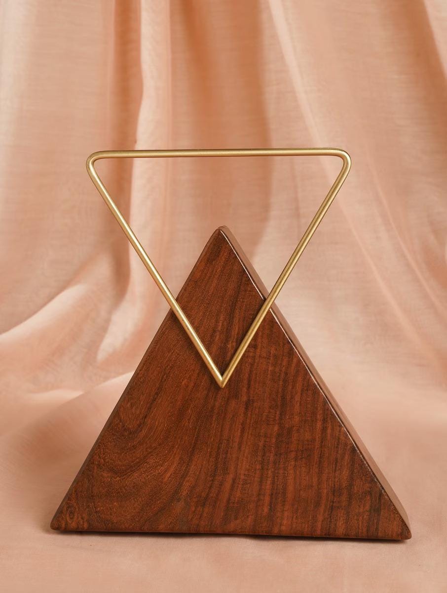 Handcrafted Wooden Triangle Clutch with Brass Handle