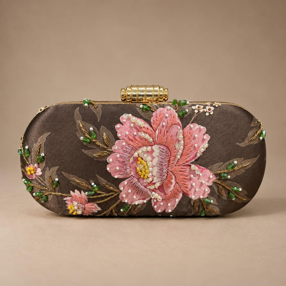 Handcrafted Brown Floral Embroidered Clutch