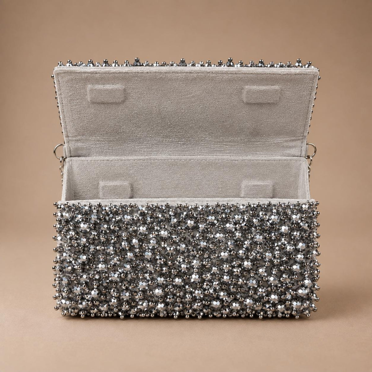 Handcrafted Silver Embroidered Clutch with Chain