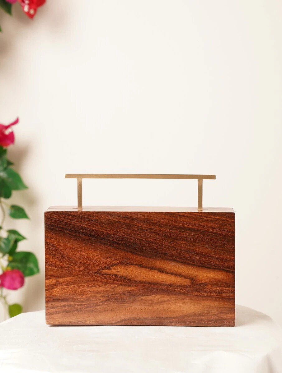 Handcrafted Wooden Rectangular Clutch with Brass Frame