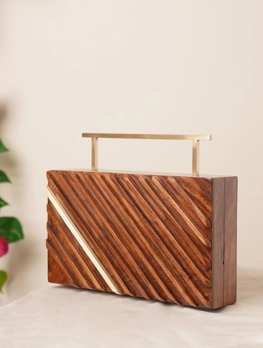 Rectangular Brown Handcrafted Wooden Sling Bag with Diagonal Engraving- Natural Wood Clutch