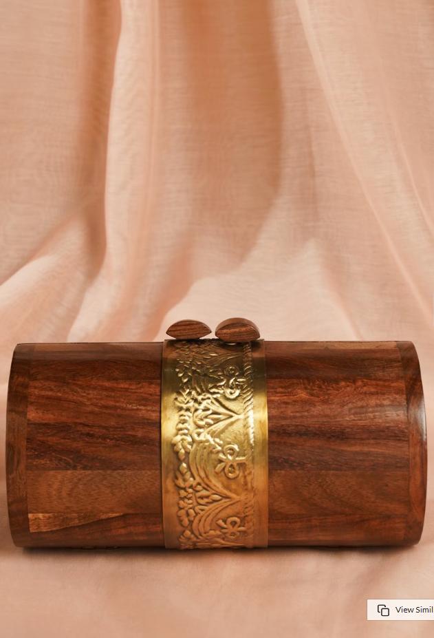 Handcrafted Wooden Barrel Clutch with Brass Handle