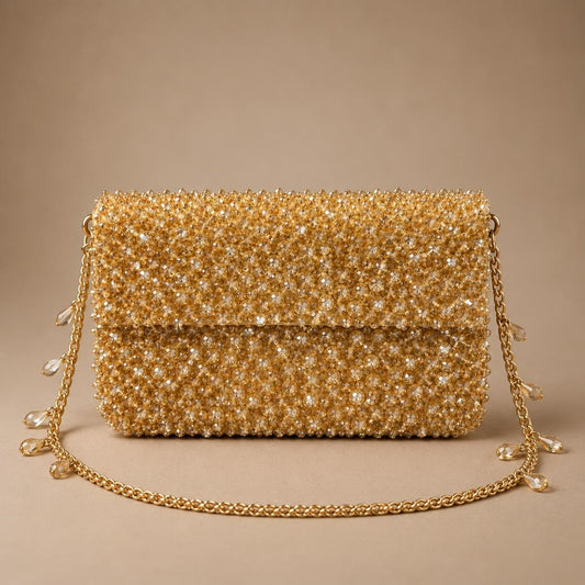 Handcrafted Gold Embroidered Clutch with Chain