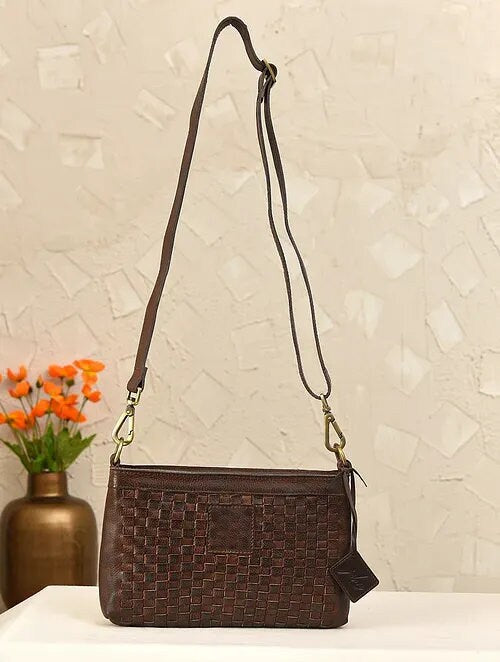 Brown Woven Leather Crossbody Bag