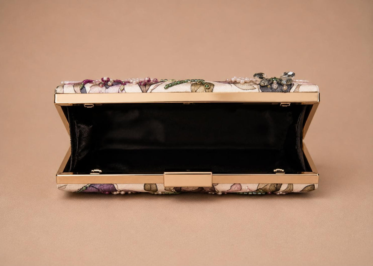 Handcrafted Beige Floral Embroidered Clutch with Gold-Tone Frame