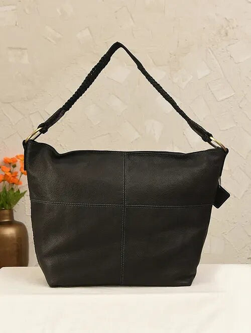 Black Genuine Leather Tote Bag with Black Sling Strap