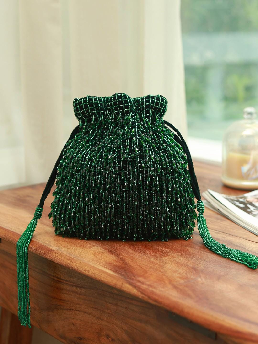 Green Beaded Potli Bag with Drawstring Closure