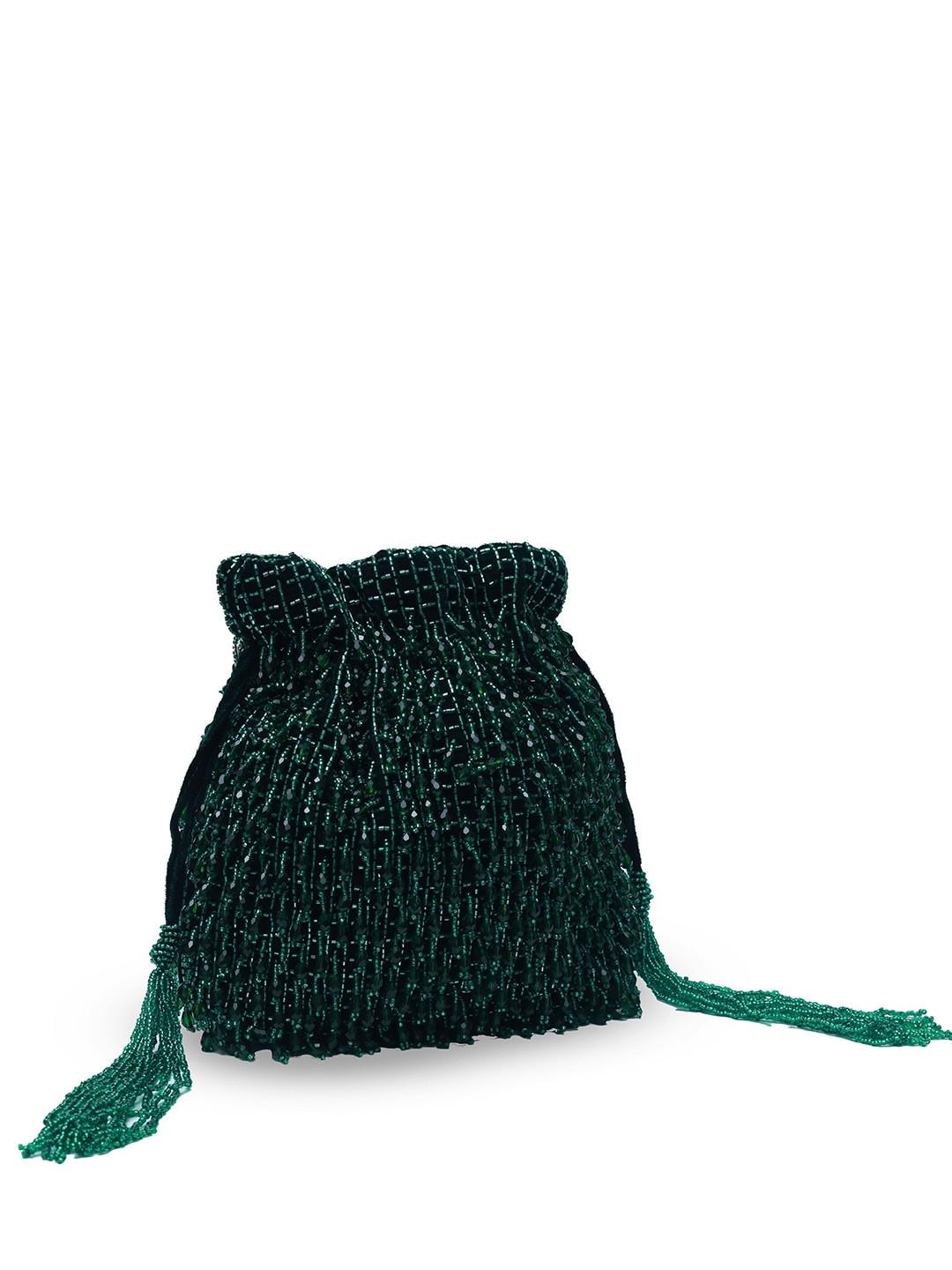 Green Beaded Potli Bag with Drawstring Closure