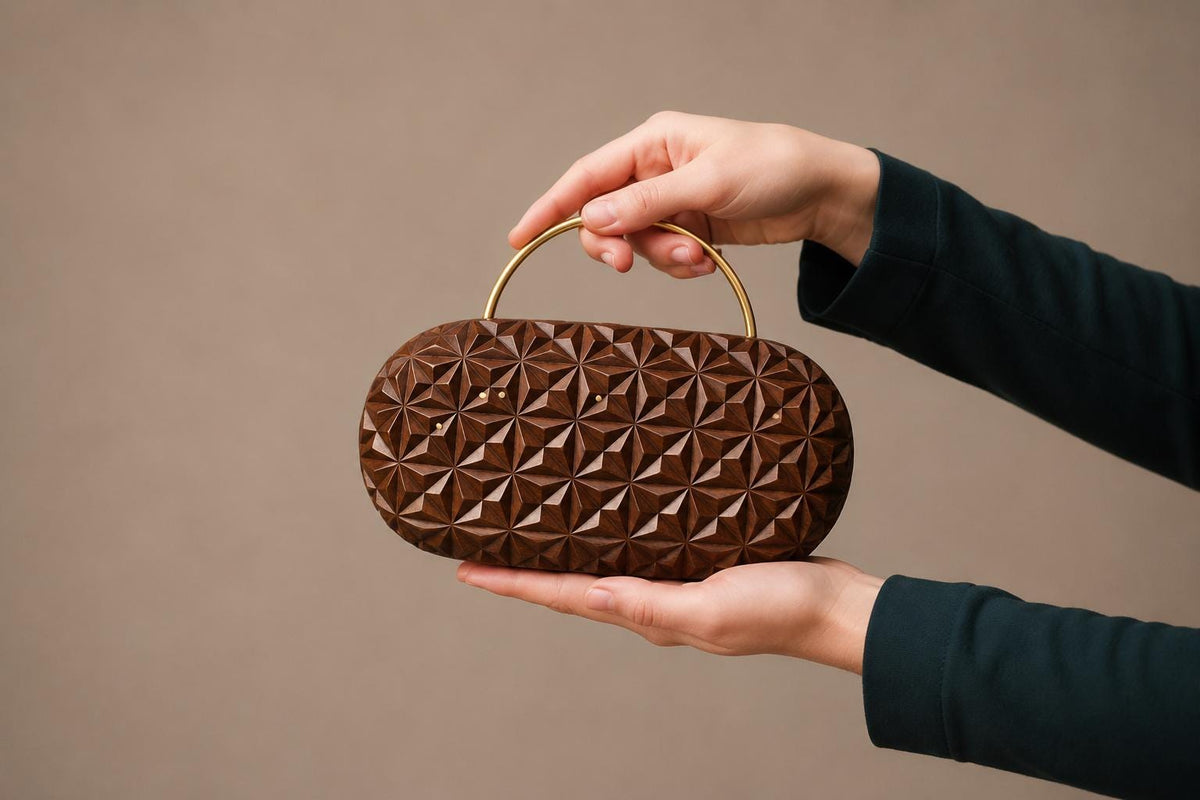 Handcrafted Engraved Oval Wooden Clutch with Brass Handle