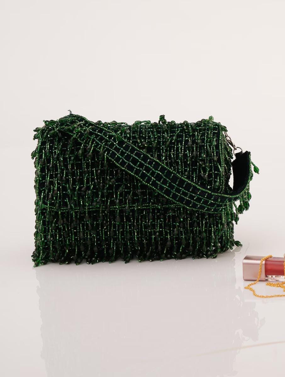 Green Embroidered Clutch Bag with Chain Strap