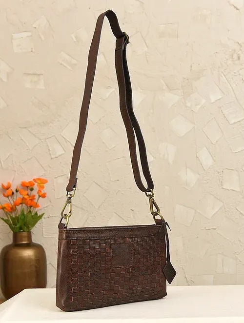 Brown Woven Leather Crossbody Bag