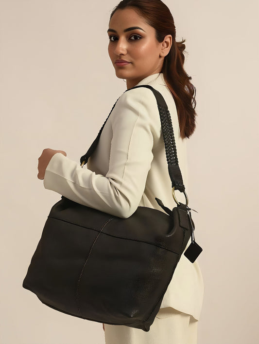 Black Genuine Leather Tote Bag with Black Sling Strap
