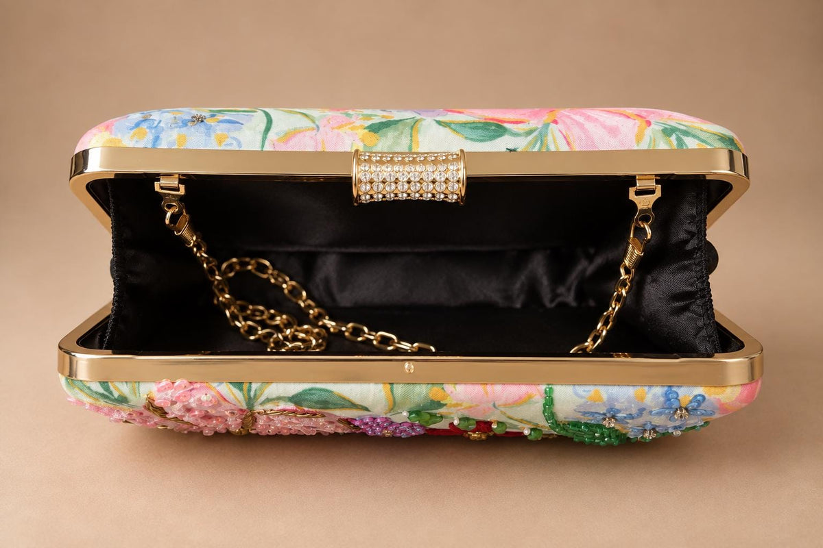 Handcrafted Light Green Floral Embroidered Clutch