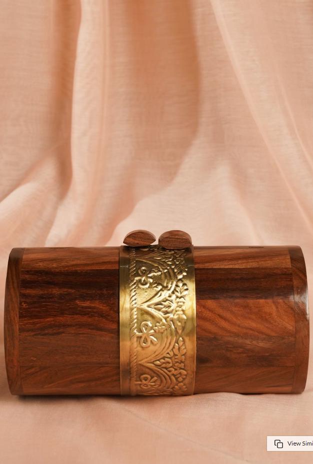 Handcrafted Wooden Barrel Clutch with Brass Handle