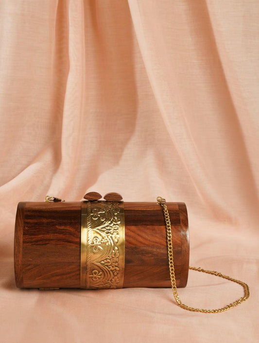 Handcrafted Wooden Barrel Clutch with Brass Handle