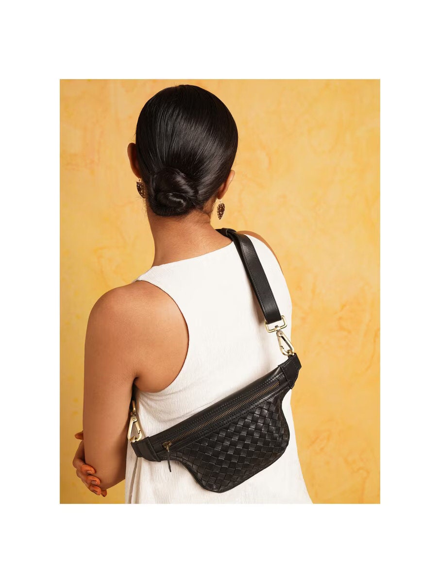 Black Woven Leather Belt Bag