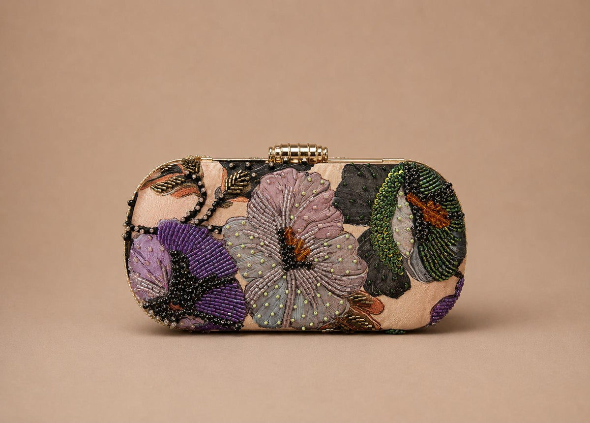 Handcrafted Beige Floral Embroidered Clutch with Chain