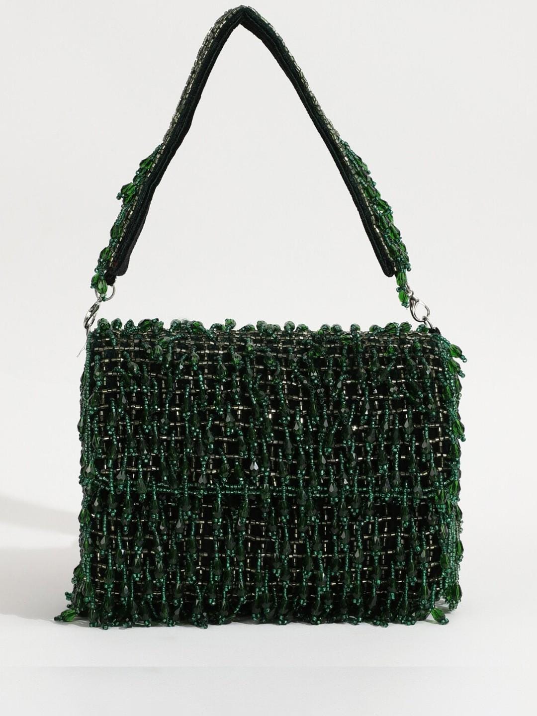 Green Embroidered Clutch Bag with Chain Strap