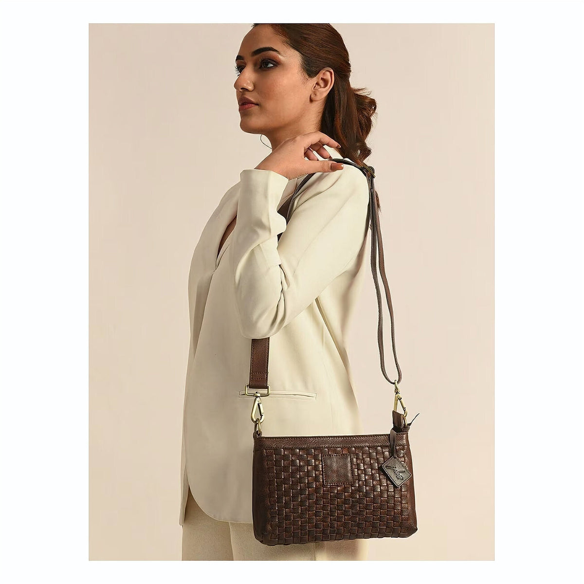 Brown Woven Leather Crossbody Bag