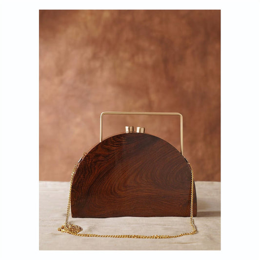 Handcrafted Wooden Half-Moon Clutch with Brass Handle
