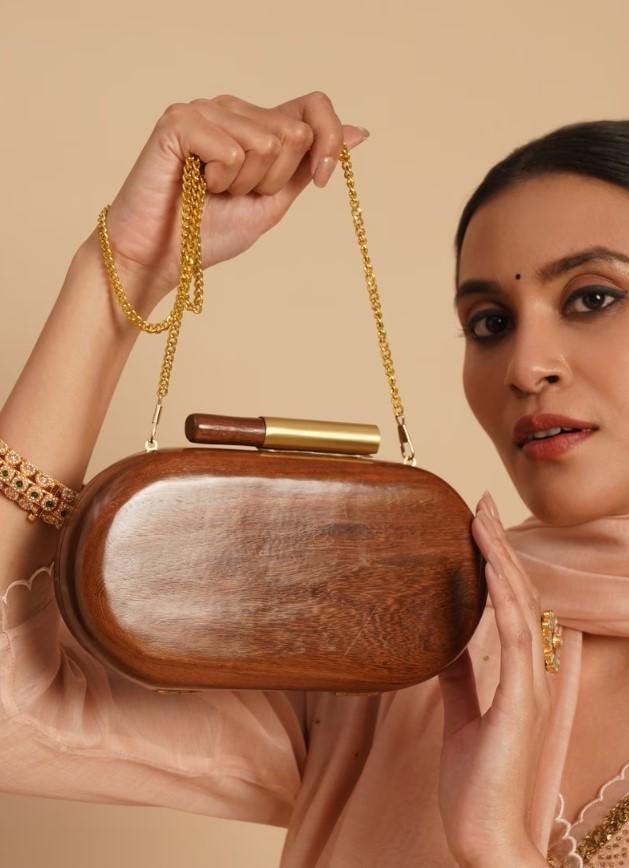 Handcrafted Wooden Pebble Clutch with Brass Handle