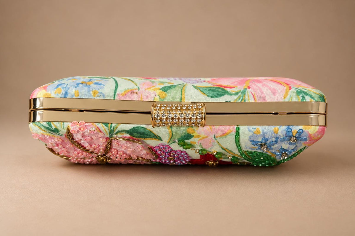 Handcrafted Light Green Floral Embroidered Clutch