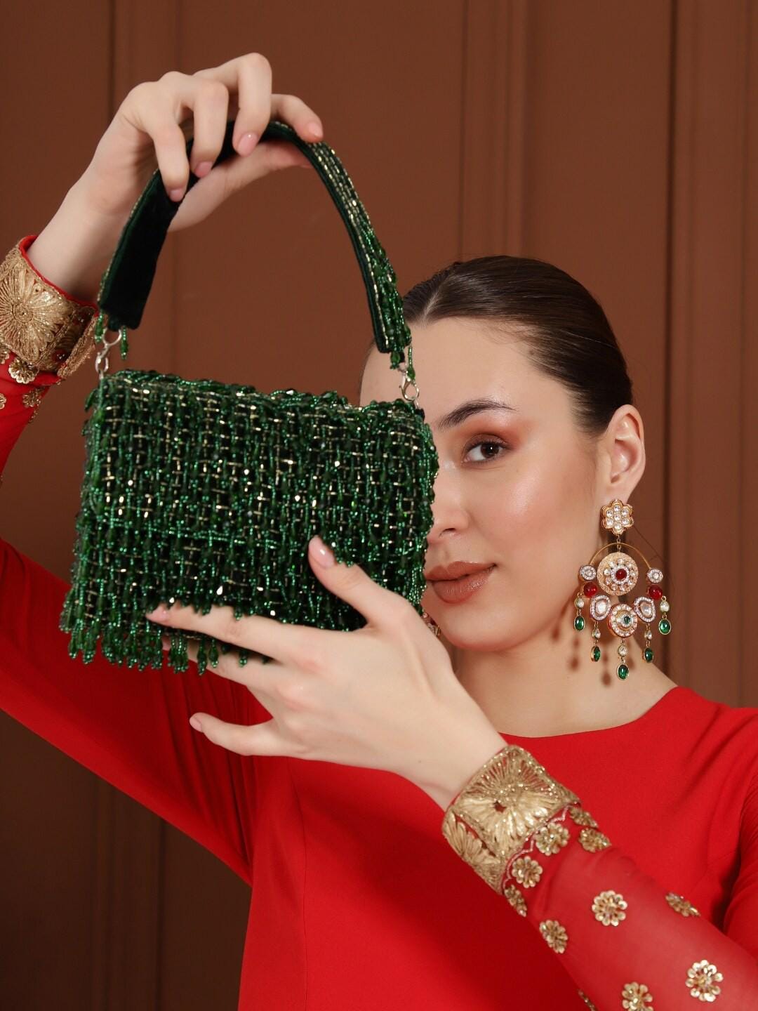 Green Embroidered Clutch Bag with Chain Strap