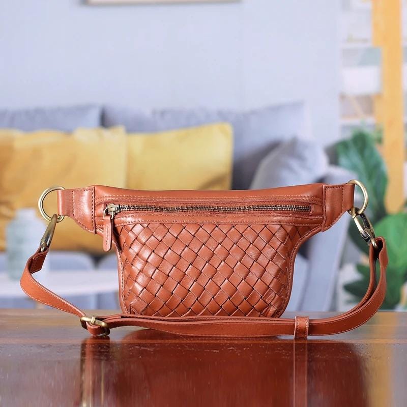 Tan Brown Woven Leather Belt Bag
