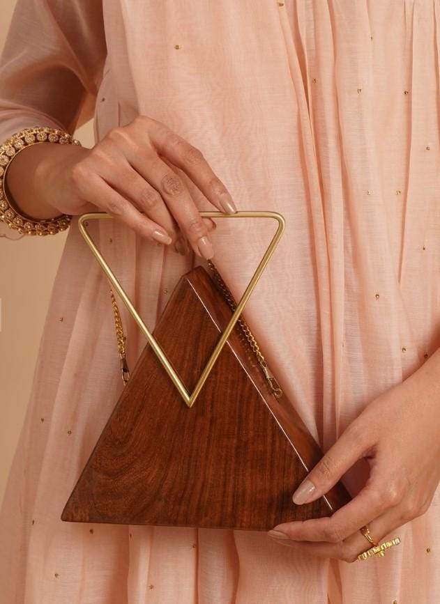 Handcrafted Wooden Triangle Clutch with Brass Handle