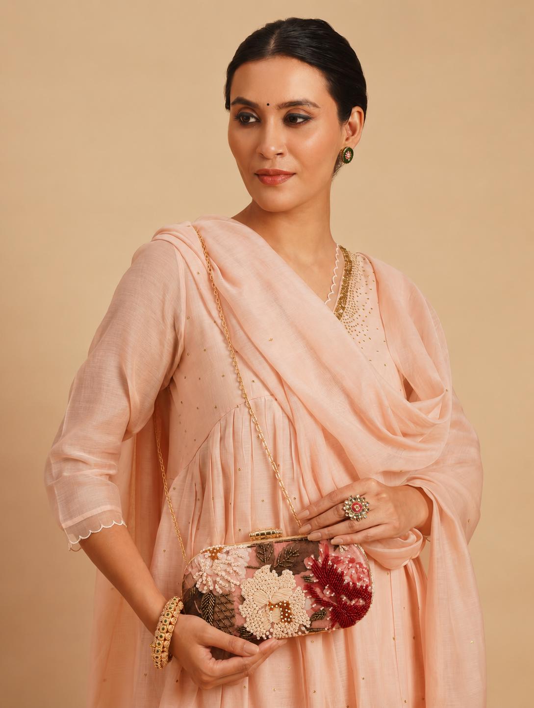 Handcrafted Blush Pink Floral Embroidered Clutch