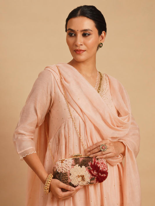 Handcrafted Blush Pink Floral Embroidered Clutch