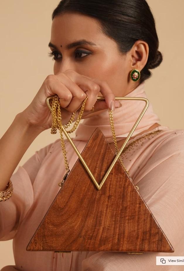 Handcrafted Wooden Triangle Clutch with Brass Handle