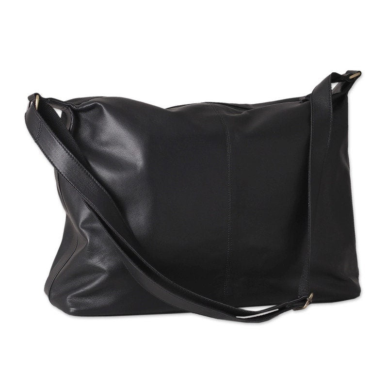 Black Leather Tote Bag with Adjustable Strap
