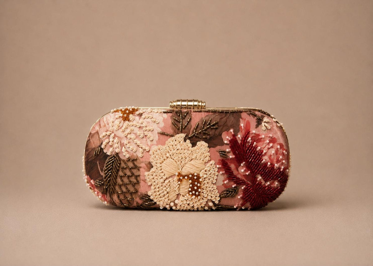 Handcrafted Blush Pink Floral Embroidered Clutch