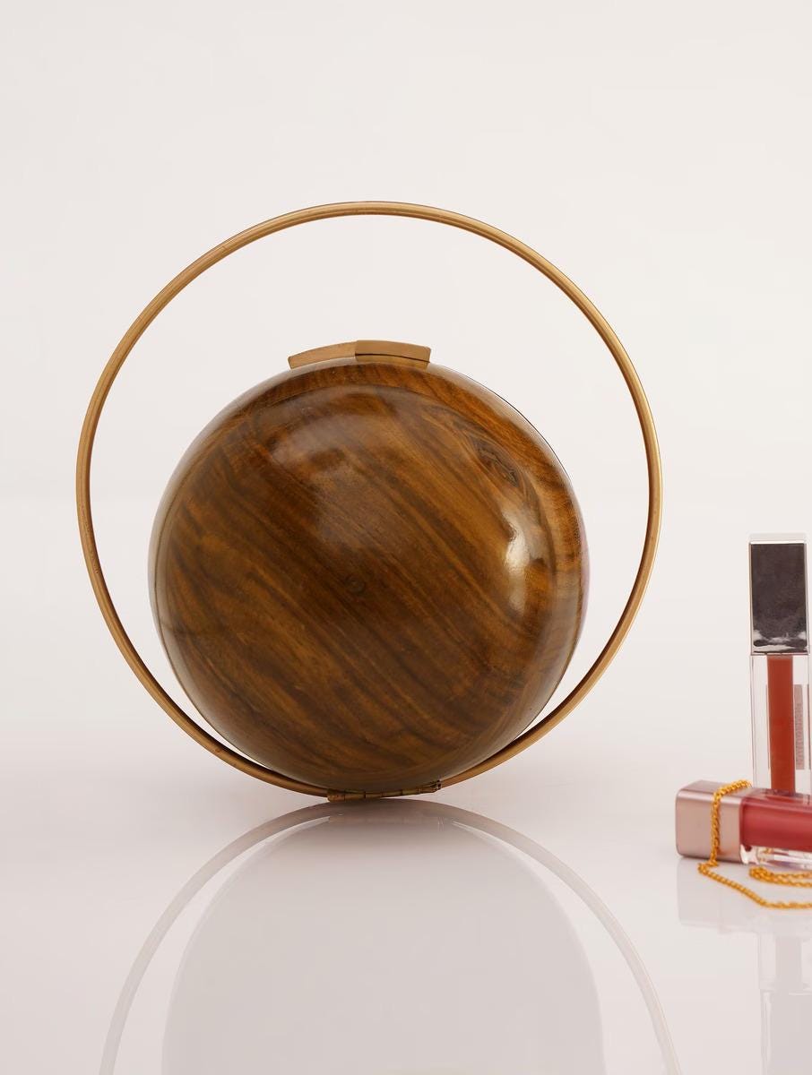 Handcrafted Wooden Ball Clutch with Brass Handle