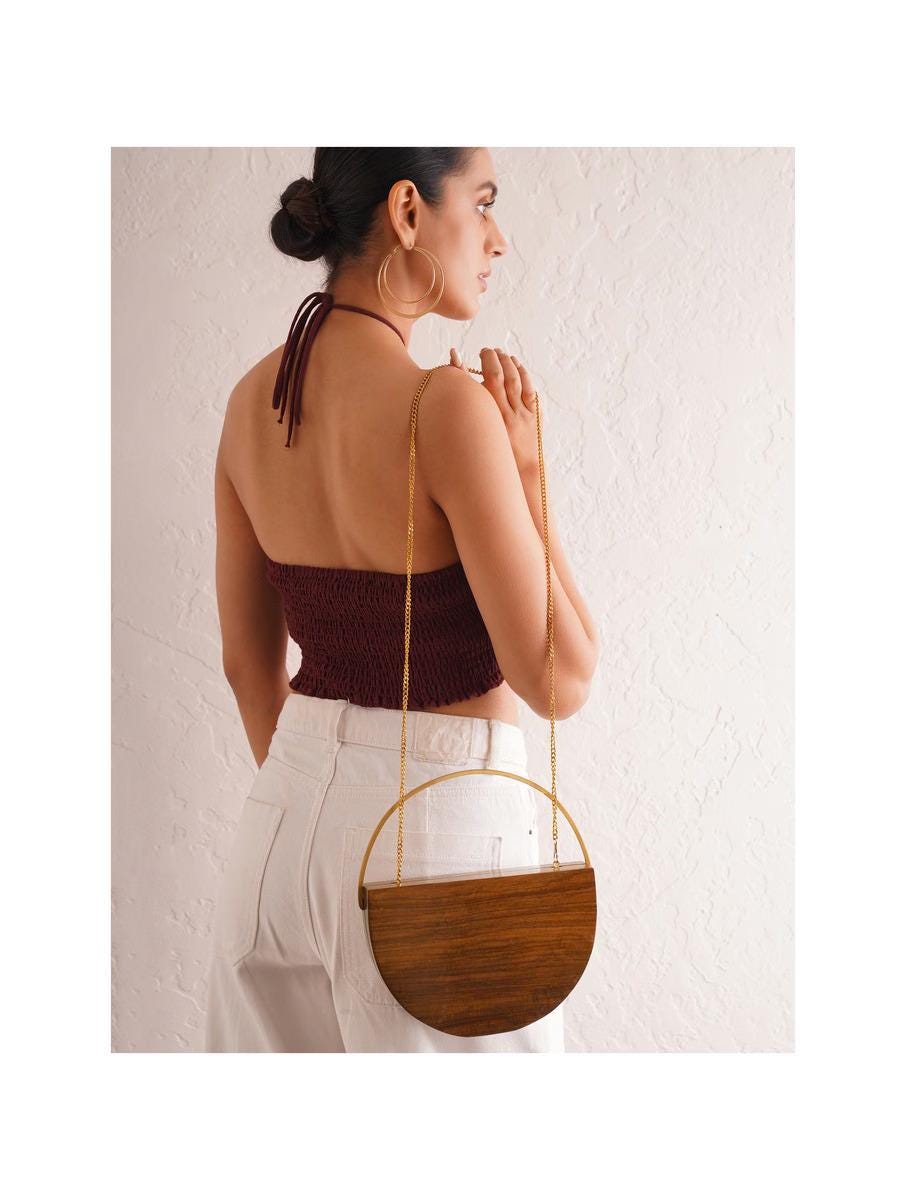 Handcrafted Wooden Half-Moon Clutch with Brass Handle