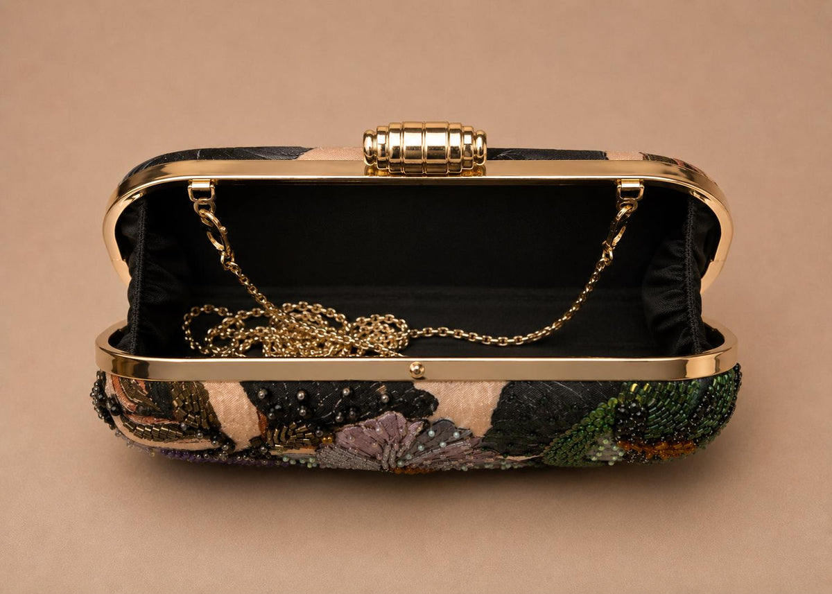 Handcrafted Beige Floral Embroidered Clutch with Chain