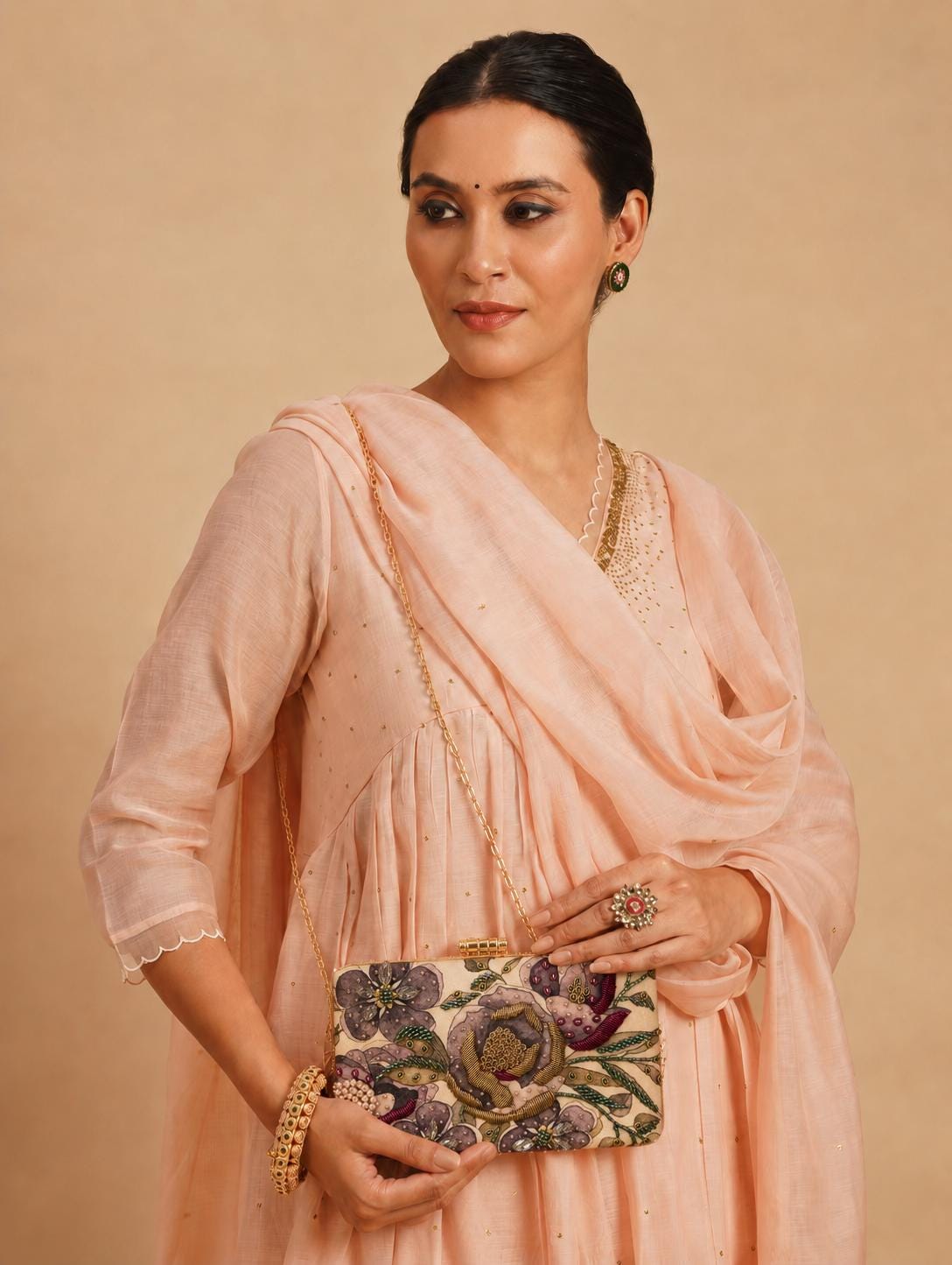Handcrafted Beige Floral Embroidered Clutch with Gold-Tone Frame