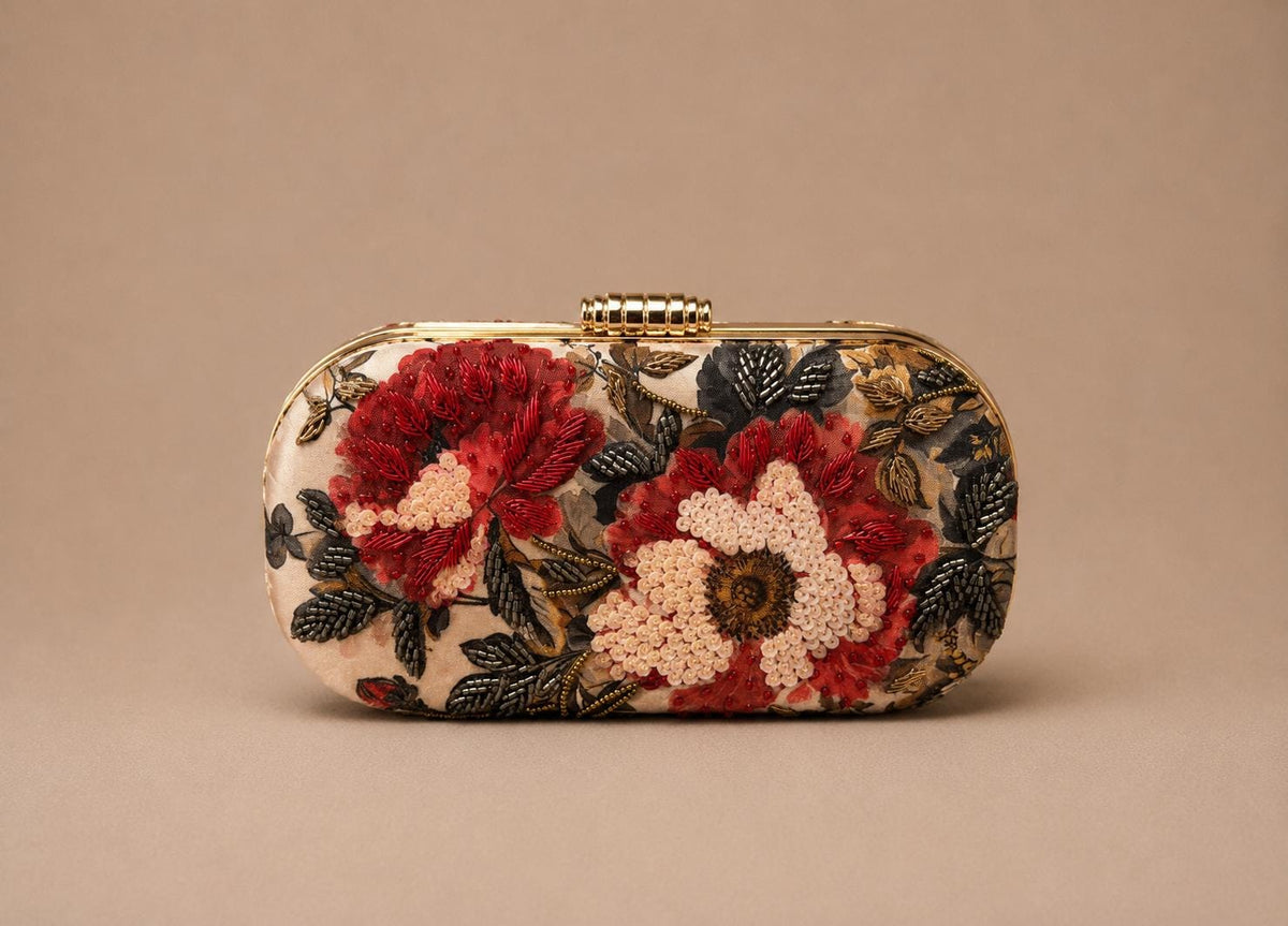 Handcrafted Beige Oval Floral Embroidered Clutch