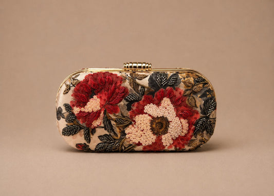 Handcrafted Beige Oval Floral Embroidered Clutch
