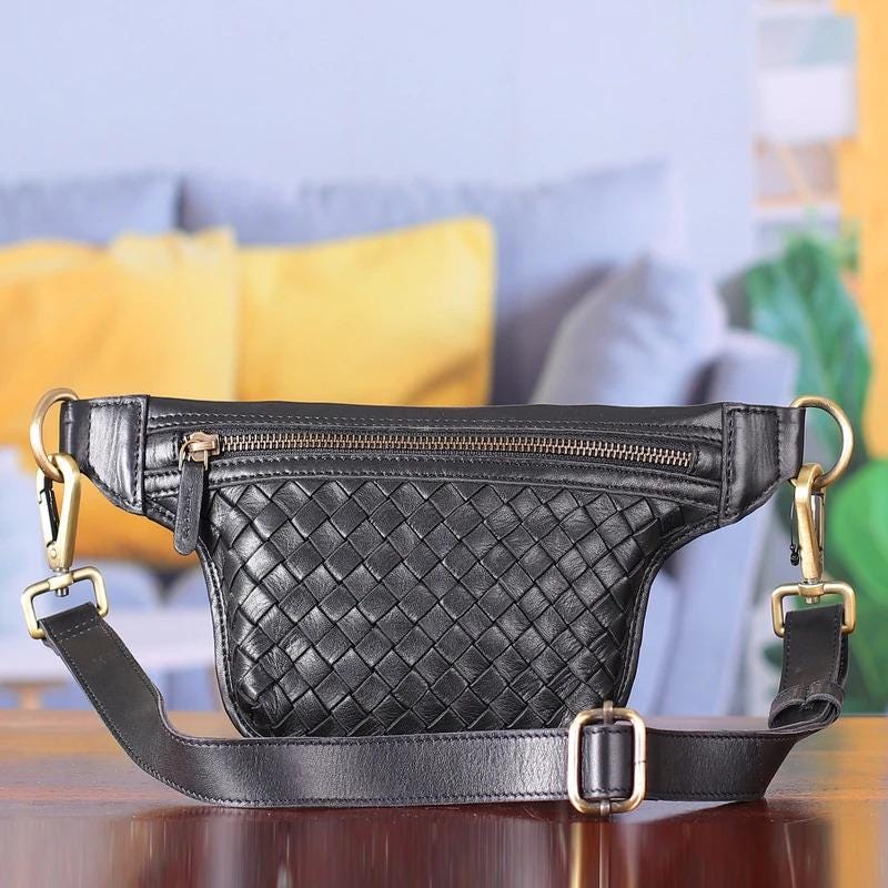 Black Woven Leather Belt Bag