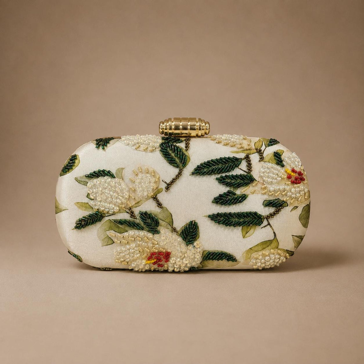 Handcrafted Ivory Floral Embroidered Clutch
