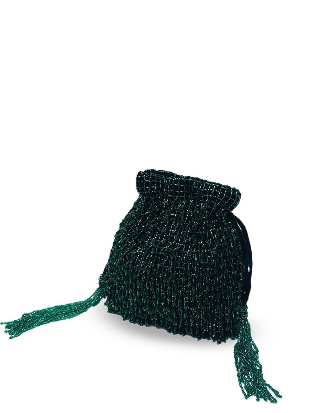 Green Beaded Potli Bag with Drawstring Closure