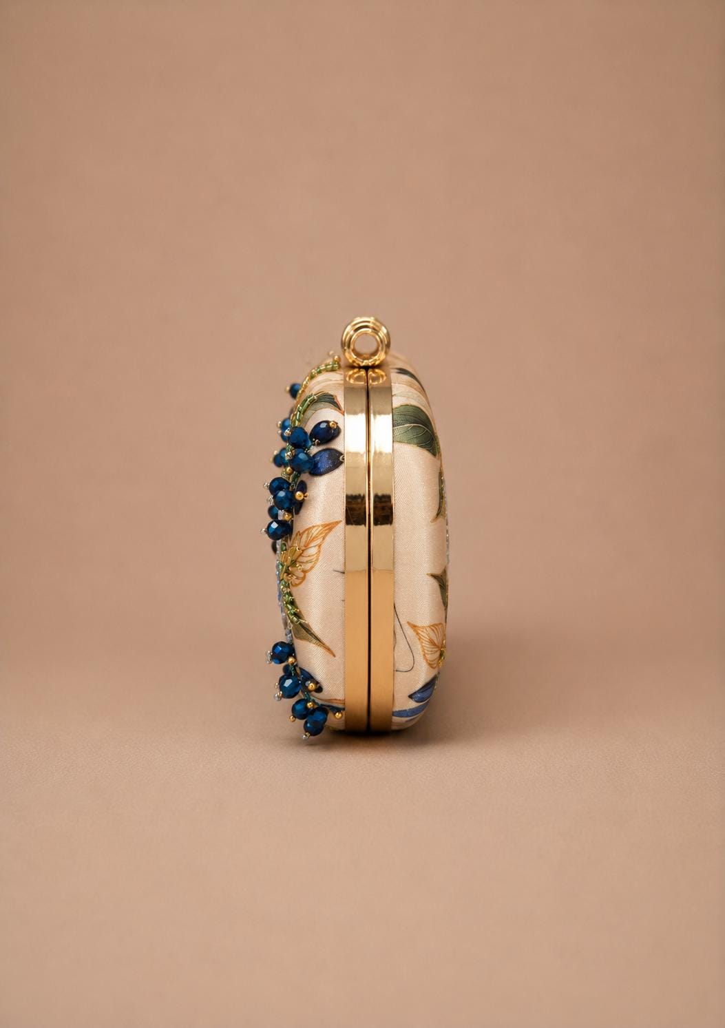 Handcrafted Beige Oval Floral Embroidered Clutch