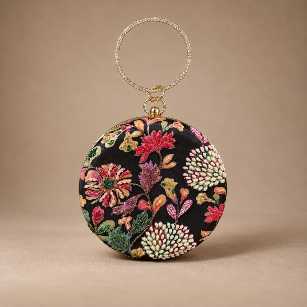 Handcrafted Black Floral Embroidered Round Clutch