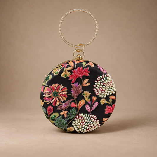 Handcrafted Black Floral Embroidered Round Clutch