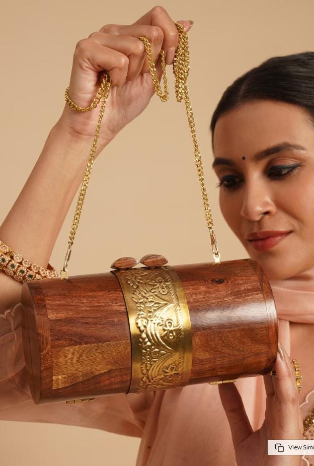 Handcrafted Wooden Barrel Clutch with Brass Handle