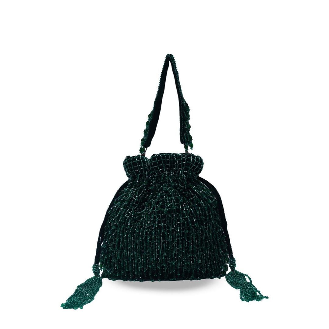 Green Beaded Potli Bag with Drawstring Closure