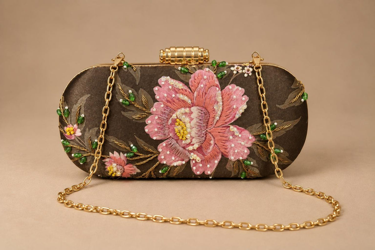 Handcrafted Brown Floral Embroidered Clutch